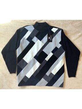 NWT Vtg 80s Koman Sport Faux Suede Black/Gray Colorblock Patchwork Sweater L #o